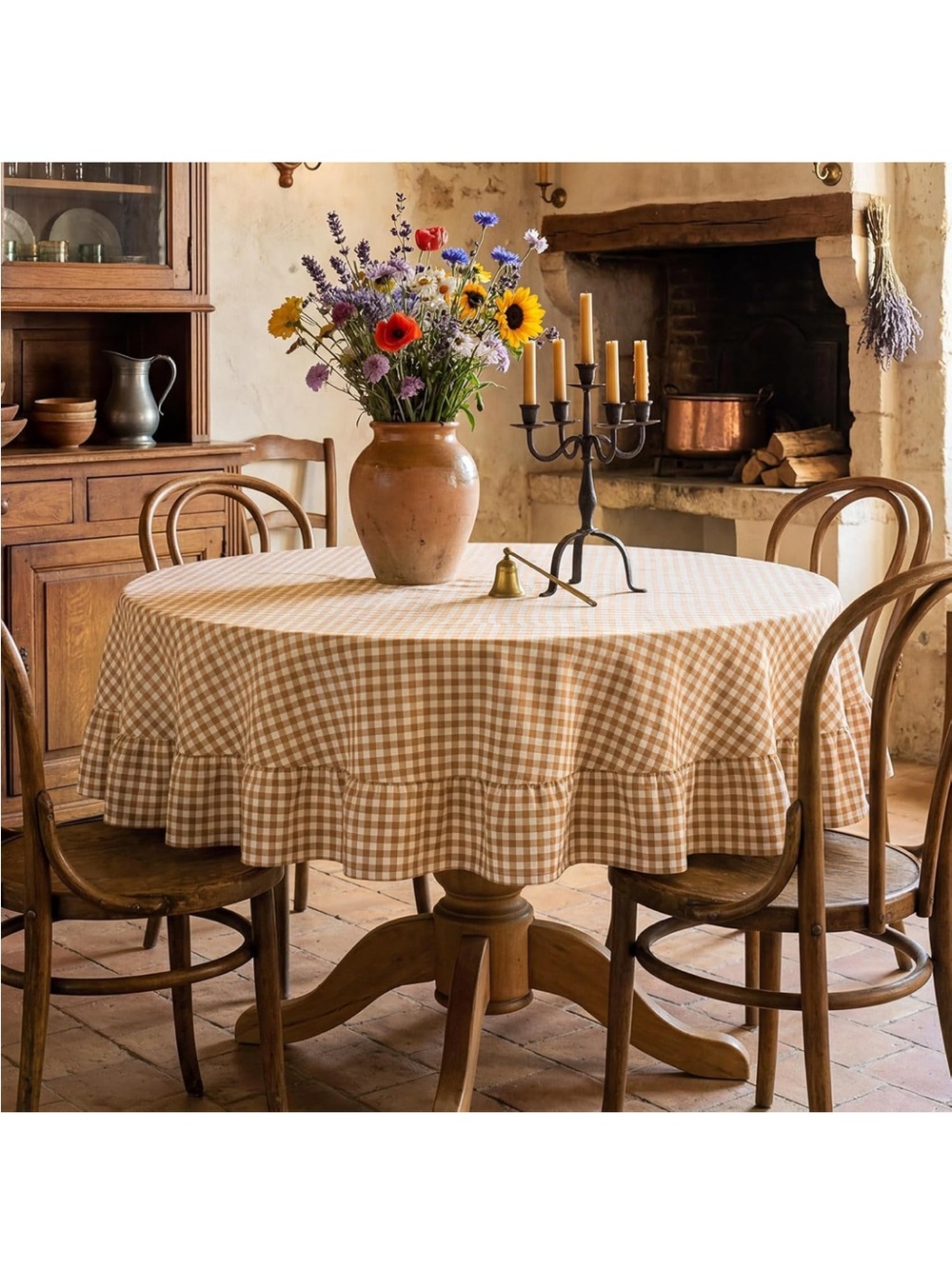 NEW Brown Gingham Ruffled Tablecloth 70” Round Cotton Linen gingham tablecloth